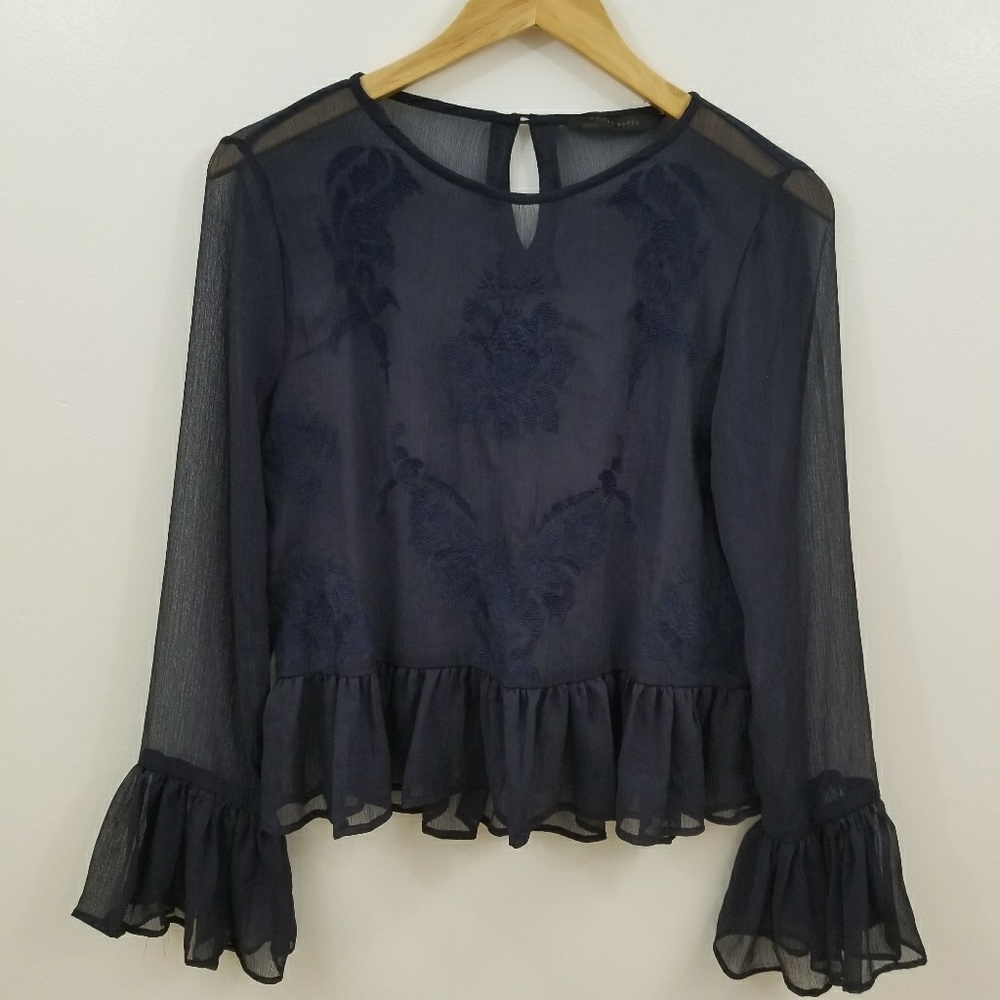 Walter Baker NAVY Sheer Embroidered Top